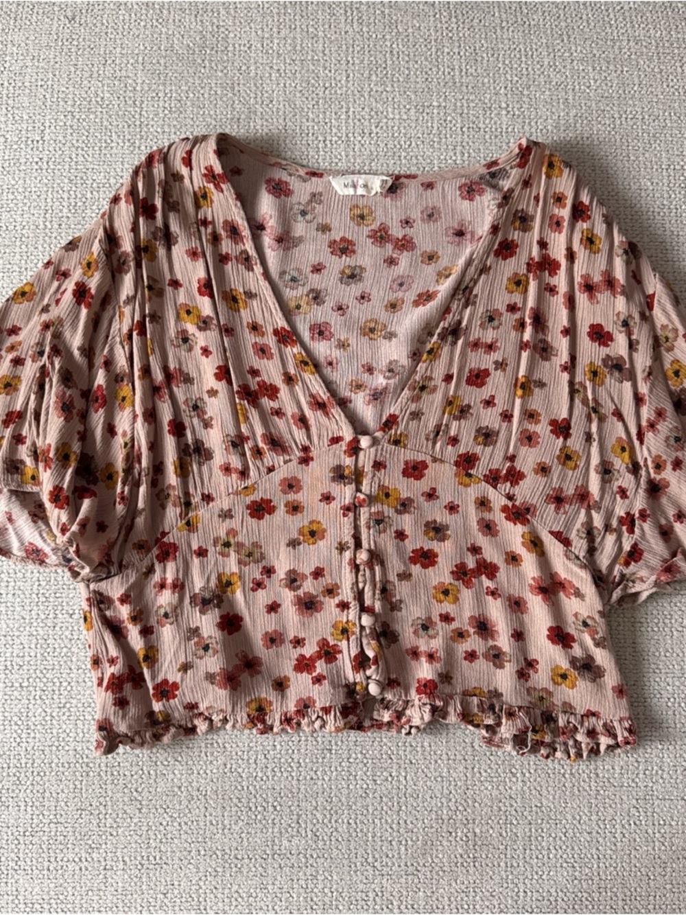 Pink Floral V-Neck Button Front Crop Top